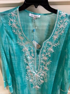 NWT Blue  Island Turquoise Embroidered Sheer Tunic